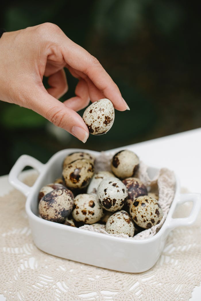 From above of crop anonymous female showing quail eggs in hand and in ceramic form on table on blurred background